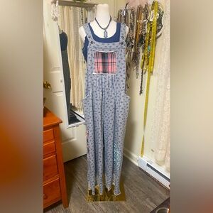Blue and Pink and gray   patchwork Patterned Overalls oversized fit